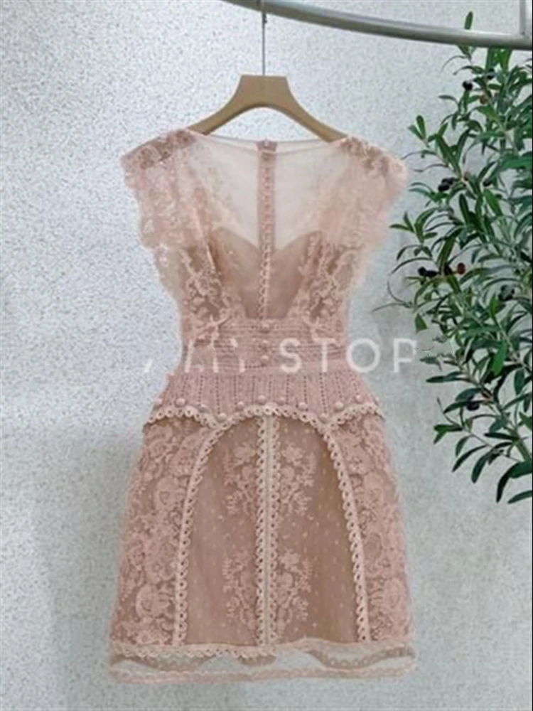 Robe de plage en dentelle pour femmes, couleur unie, style Boho, Vintage, broderie, femme, été, sans manches, dos nu, Sexy, soirée, 2023