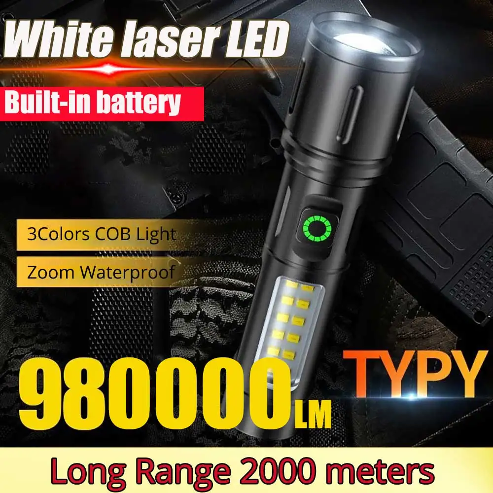 2024New 60W White Laser Most Powerful LED Flashlight Built-in battery Tactical Torch Strong Light Lamp Portable Lantern with COB