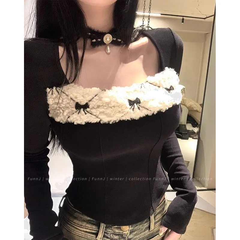 Corset Sexy Niche Spring Lady New Long Sleeve Square Neck Printing T-shirt Patchwork Korean Slim All-match Comfortable Tops