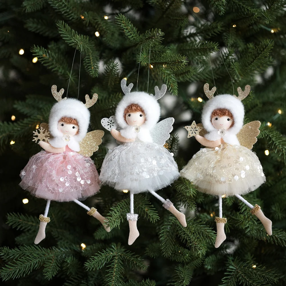 Handmade Soft Fabric Reindeer Angel Ornaments 3 Pack 22cm Tall for Christmas Tree Decor Pastel Blush Pink White Cream