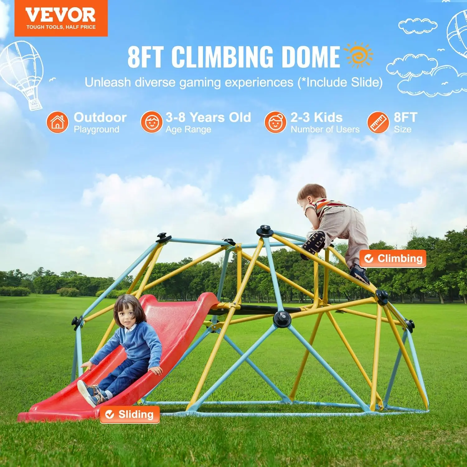 Climbing Dome, 8FT Geometric Dome Climber with Slide, Jungle Gym Supports 600LBS and Easy Assembly for Kids 3 to 9 Years