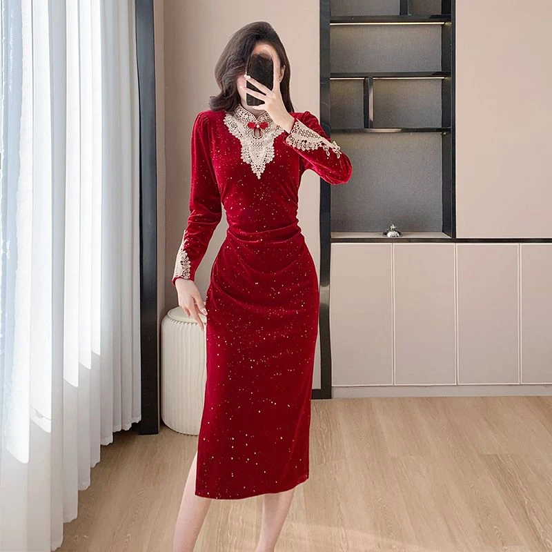 Robe en velours rouge mince patchwork de dentelle de style français pour femmes, robes en velours pour femmes, printemps, automne