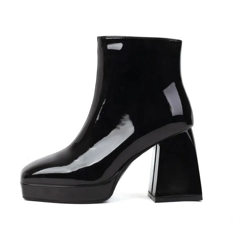 Custom Patent Leather Candy Color Boots Women Square Toe Thick High Heels Women Ankle Boots Platform Shoes Woman Botas WSH4986