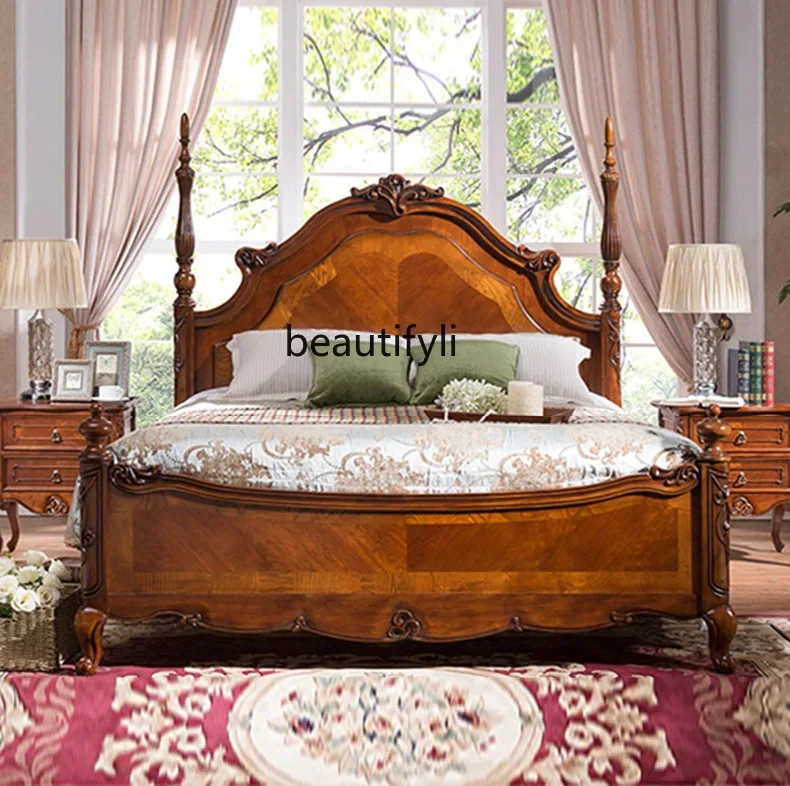 F109 American rural retro Roman column European carved solid wood bed master bedroom 1.8 meters simple carved wedding bed