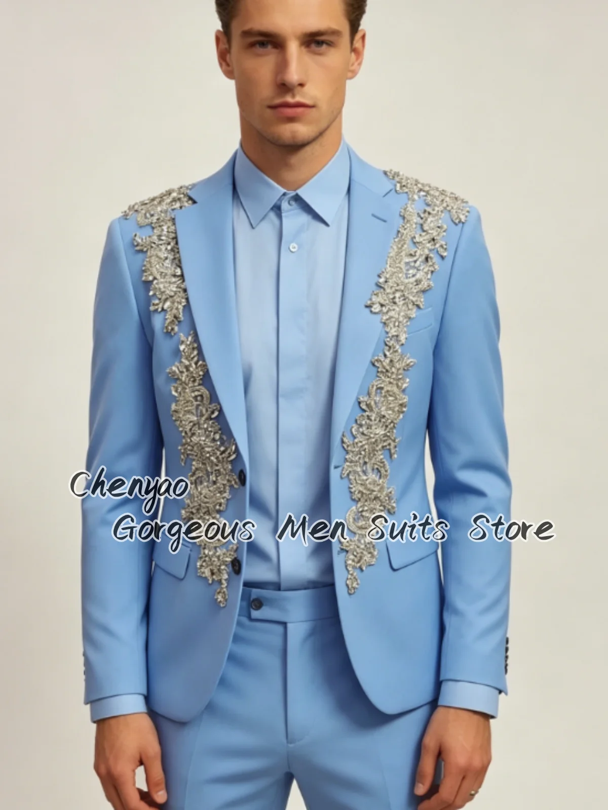 

High-End Silver Floral Rhinestone Embroidery Men Suits Customized Groom Tuxedos Party Elegant Male Blazers 2Pcs Sets ropa hombre