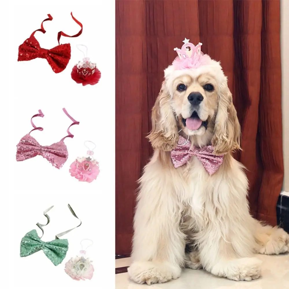 

2Pcs/Set Creative Pet Sequin Bow Tie Blingbling Adjustable Pet Crown Collar Comfortable Decorative Cat Headwear