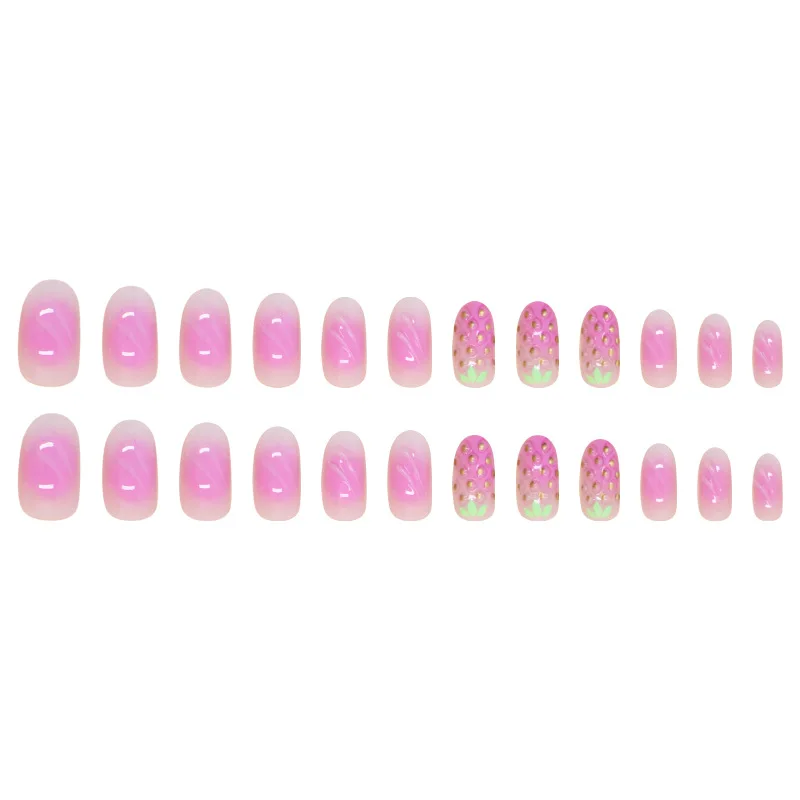 24pcs Cute 3D Strawberry False Nails Gradient Purple Fake Nails Full Cover Wearable Ins Short Round Press on Nails for Girls