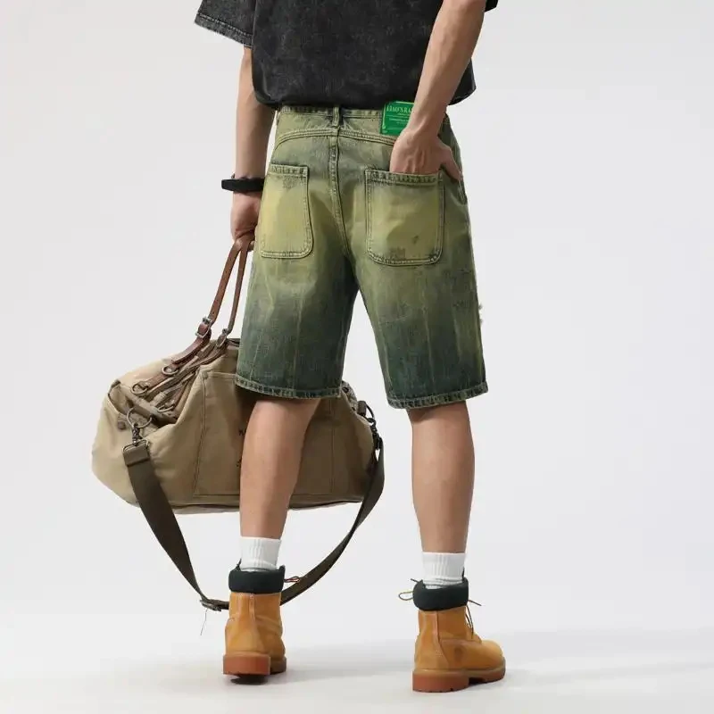 

Summer Street Fashion 2026 Ripped Denim Pants For Men Loose Straight Cut American Vintage Style Casual Knee Length Shorts Ripped
