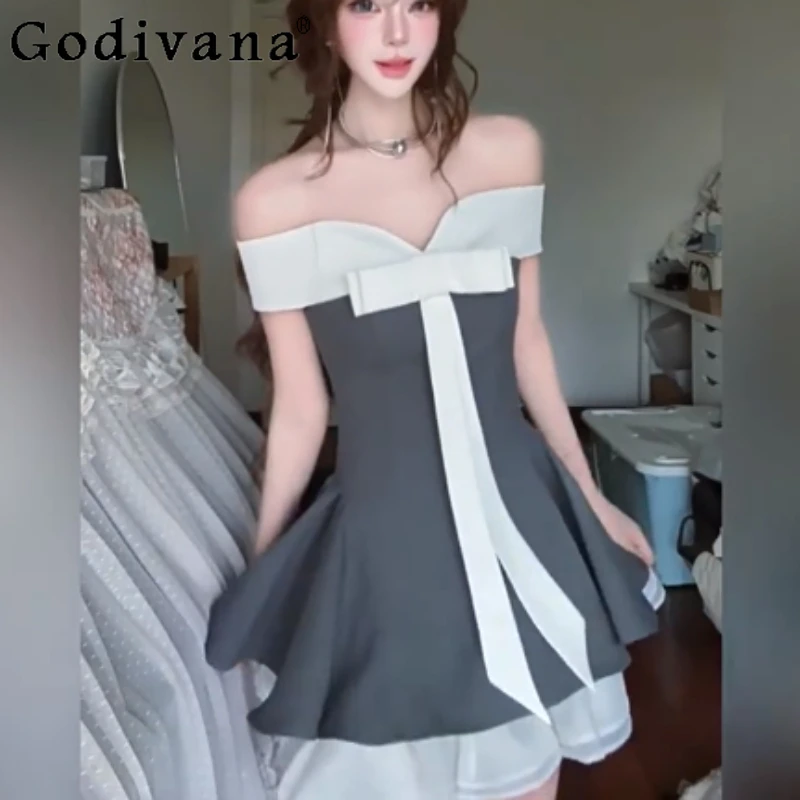 

Spring Summer New Ballet Sweet Bow Contrasting Color Strapless Dress Fashion High Waist A-line Age-reducing Princess Dresses