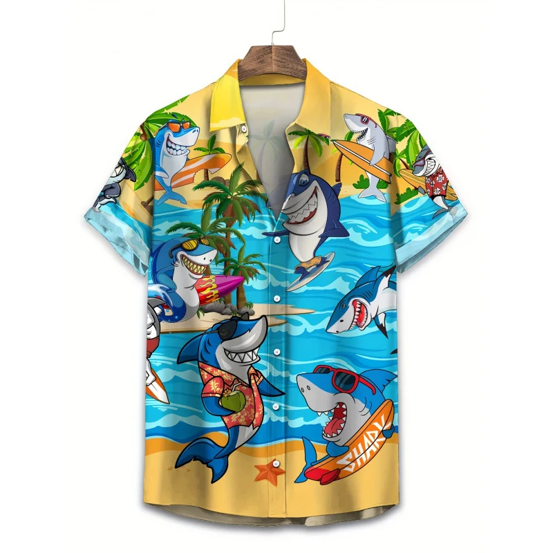 

Мужская повседневная гавайская рубашка больших размеров с мультяшным принтом акул — одежда для летних каникул — для мужчин — веселый и стильный — отличный подарок