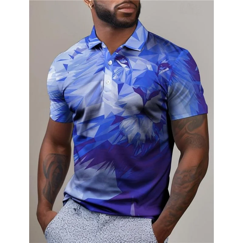 3D Print Cool Lion Polo Shirt For Men Colorful Geometric Pattern T-Shirt Summer Casual Lapel Tops Loose Short Sleeve Clothes