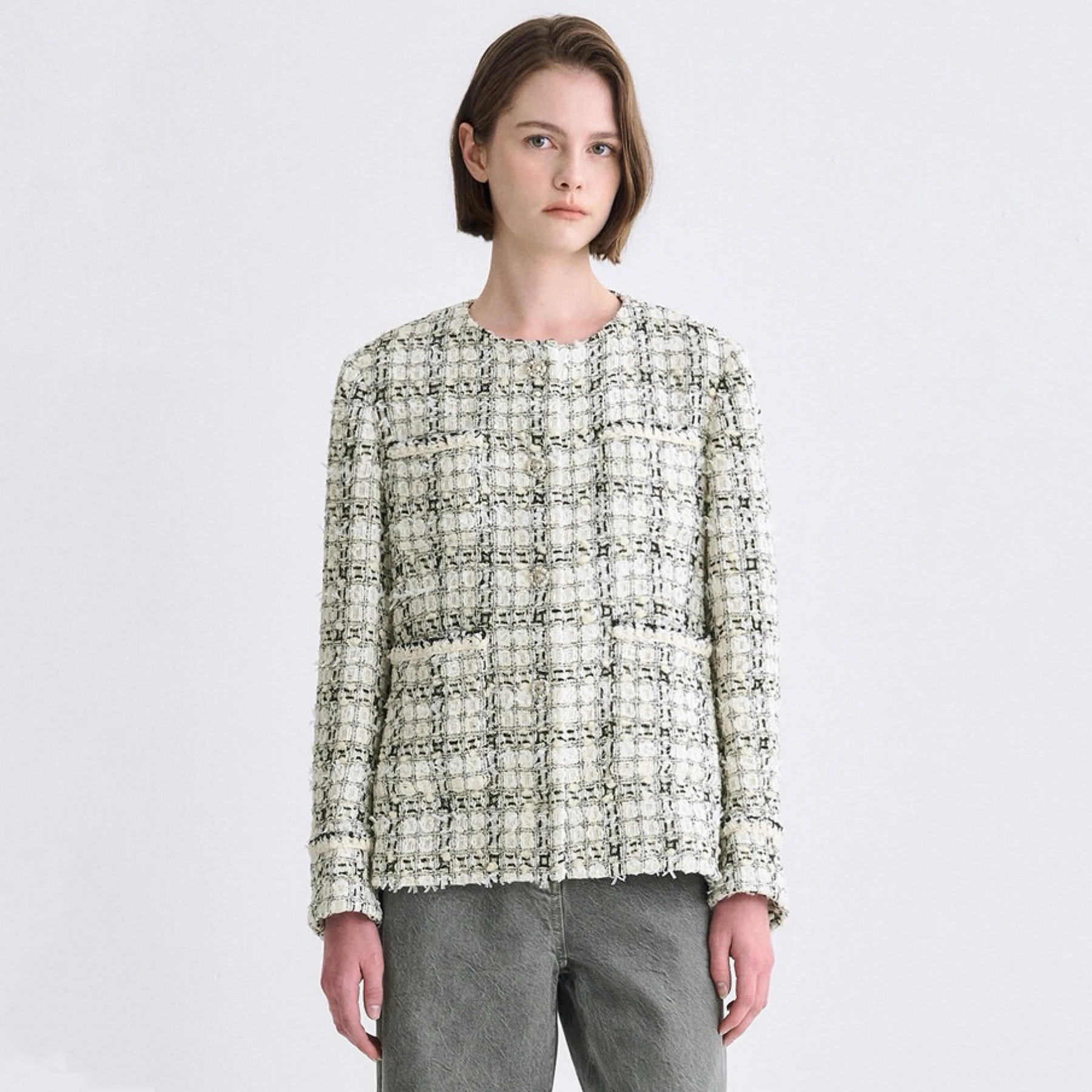 

Ele Faionable round Ne Tweed Coat Buttoned Outerwear Lady's Commute Sle Long Sve Cheered ort Jaet