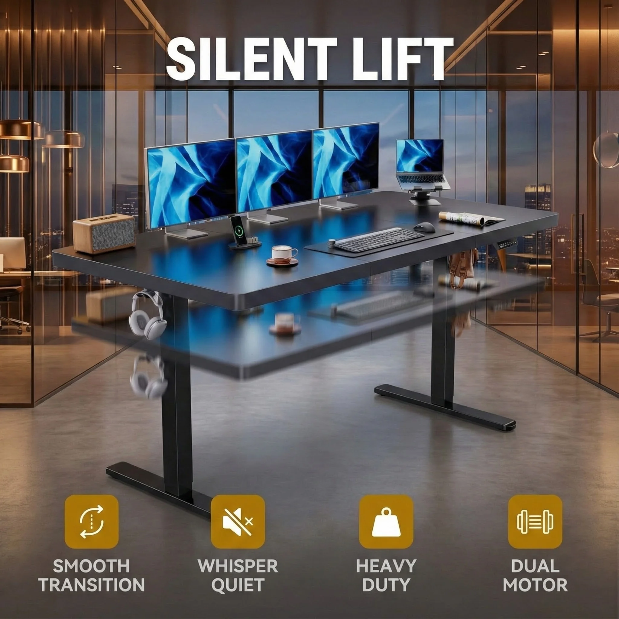 71 X 30 Inch Large Electric Standing Desk, Brushless Motor, Black | 30 Inch Deep Desktop, 220 lb Capacity, 4 Memory Presets, Cable Tray, Dual Hooks, Height 27.9–46.5 Inch
