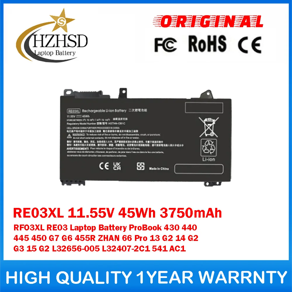 RE03XL 11.55V 45Wh 3750mAh RFO3XL RE03 Genuine Original Laptop Battery For HP ProBook 430 440 445 450 G7 G6 455R ZHAN 66 Pro 13