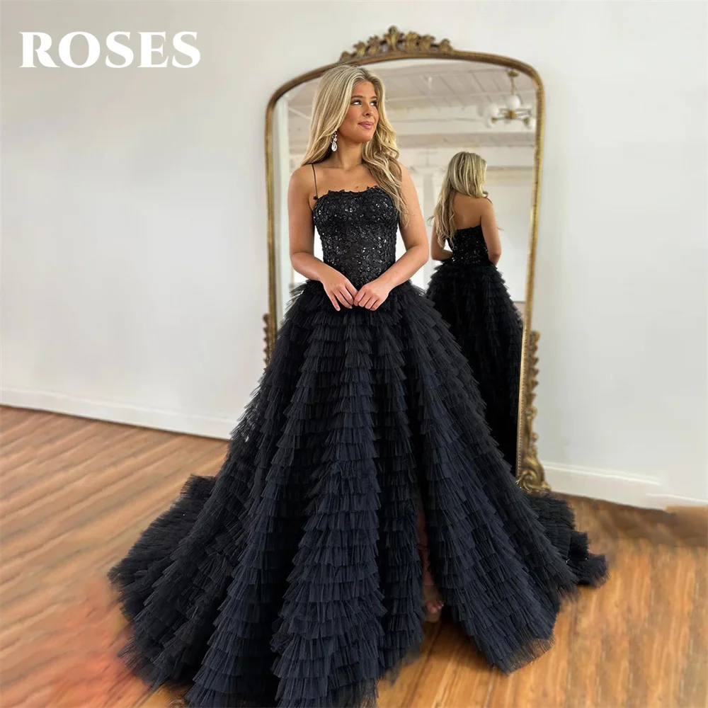 

ROSES Tiered Layer Net A Line Evening Dresses Appliques Shining Black Prom Dresses Spaghetti Strap Strapless فساتين مناسبة رسمية