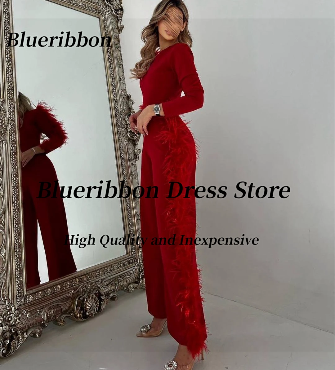 Blueribbon Cool Girls Wear Jumpsuits for Evening Party Long Sleeves Feathers Luxury Prom Dresses Zipper Back Pnt Suits Vestidos