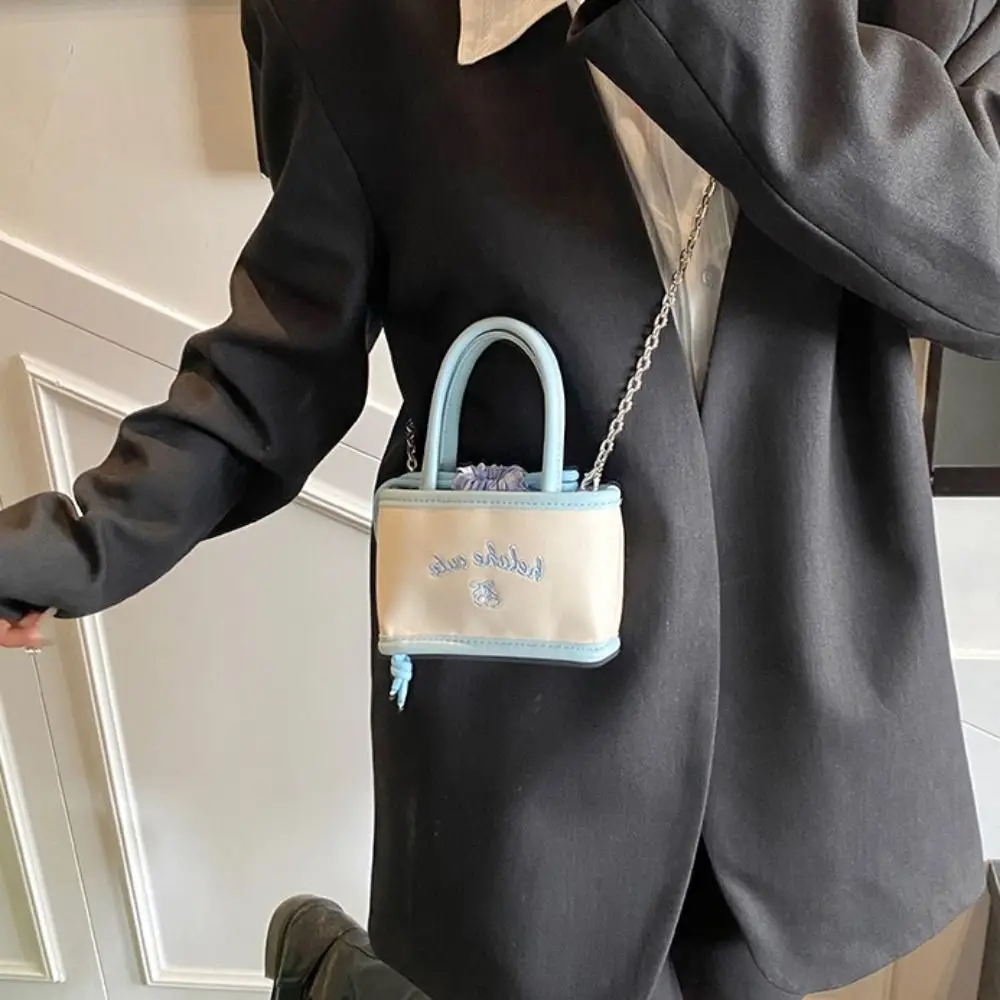 

Sweet Korean Style Drawstring Bucket Bag Embroidery PU Leather PU Crossbody Bag Tote Bag Plaid Children Shoulder Bag Outdoor