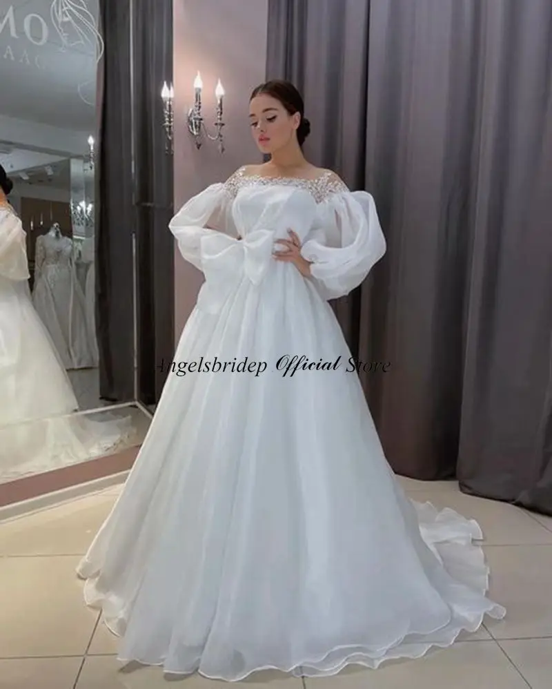 Angelsbrip praia organza varredura trem vestido de casamento mangas puff apliques rendas boêmio vestidos de noiva novia