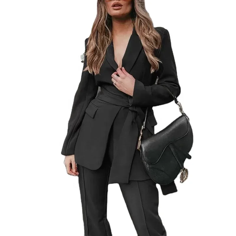 Women Two Piece Pants 2 Pieces Outfits For Women Long Sleeve Blazer With Belt Pocket Lace Work Office Business Lady Casual Suits