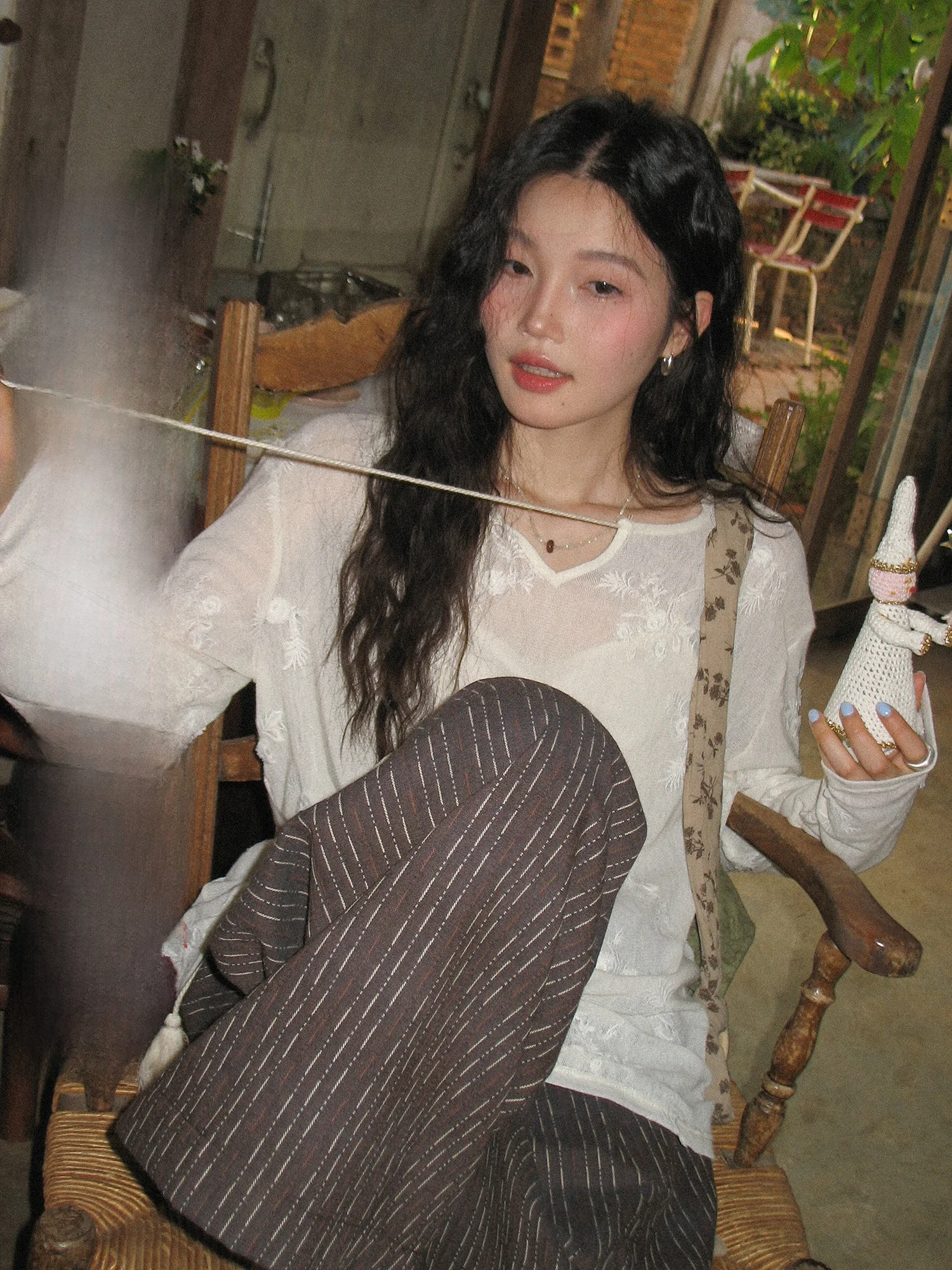 

Elegant Embroidered Hollow out Long Sleeve Shirt Women's Spring New Design Casual Style Loose Fit round Neck Cotton Blouse