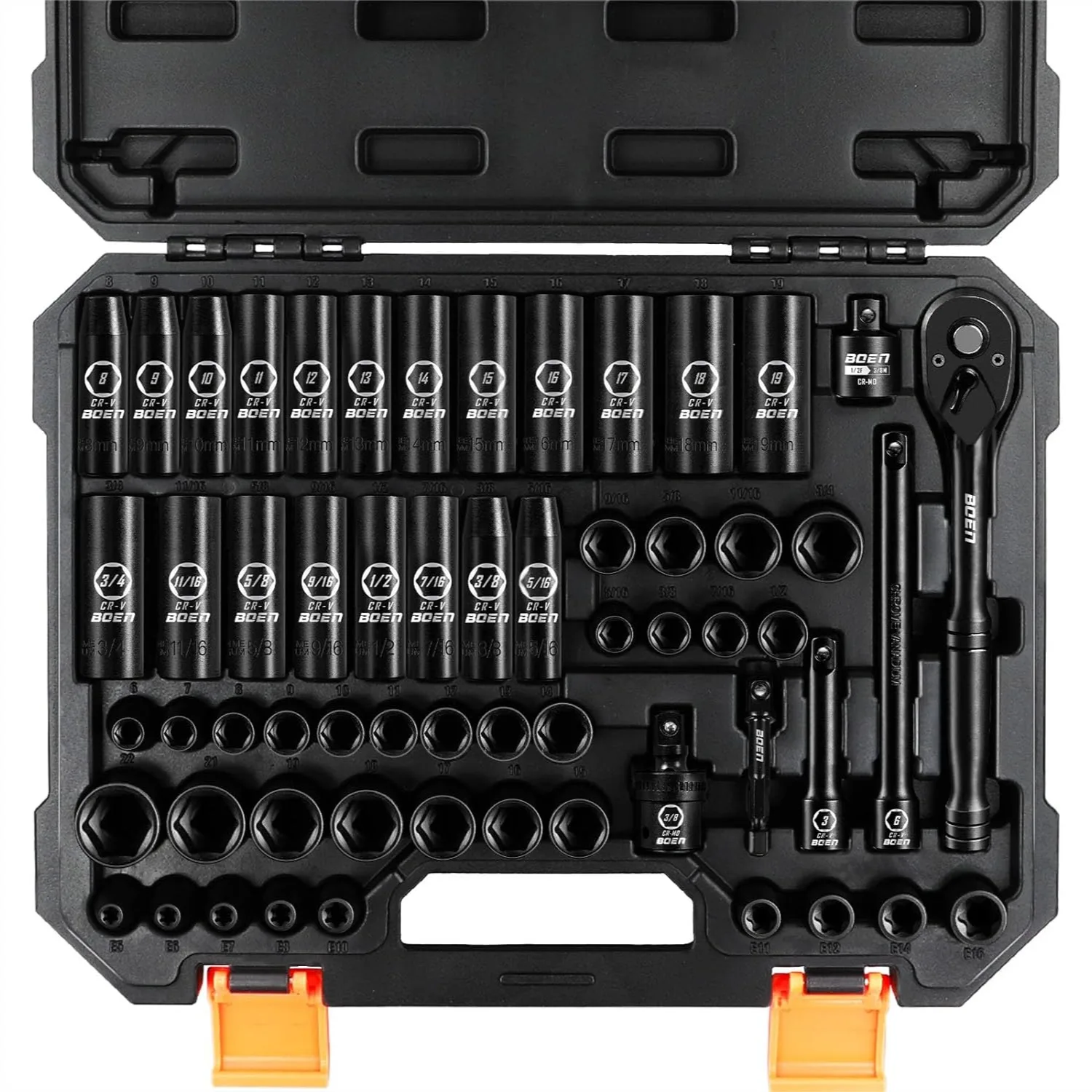 

3/8" Drive Impact Socket Set, 59-Piece SAE & Metric with E-Torx, Ratchet Handle & Extensions