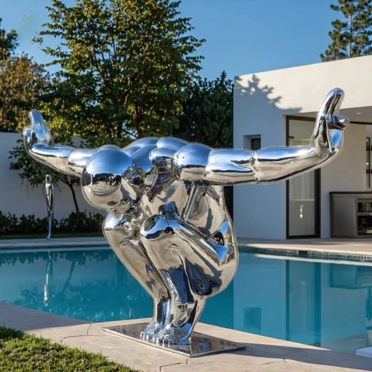 Life-size modern design stainless steel diver sculpture for outdoor sports center decoration