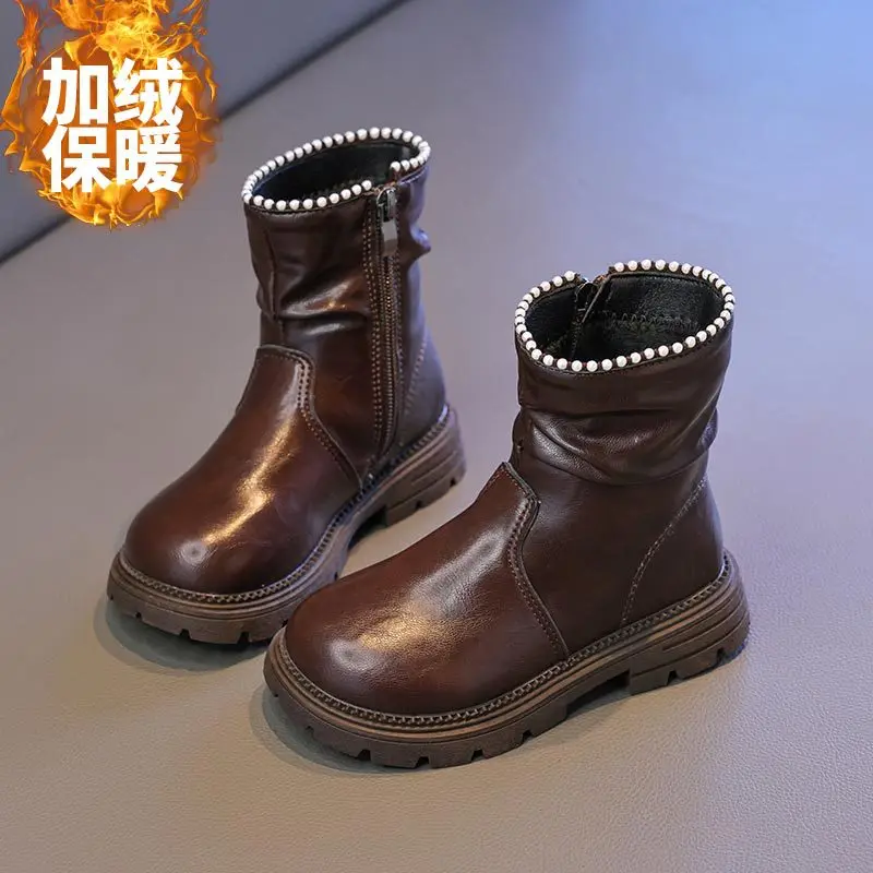 Pearl Beading Children Fashion Boots Solid PU Leather Girls Ankle Shoes Autumn Winter Fleece Short Plush Zip Kids Boots