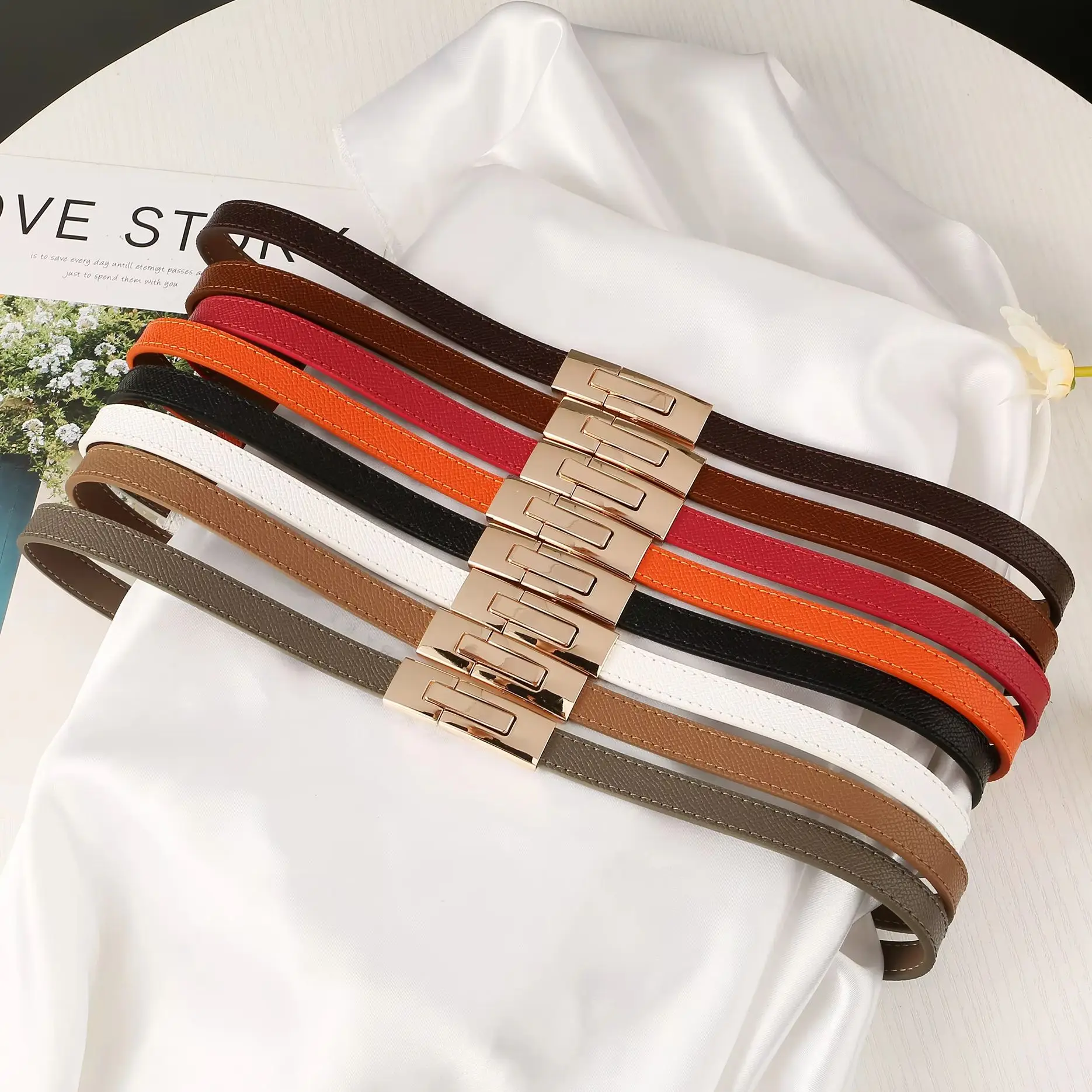 

New Women's Thin Belt Vintage Luxury Design Waistband Korean Corset Adjustable Girdle Gold Metal Buckle Fashion Belt for Dresses