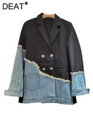 DEAT Blazer in Denim da donna doppio petto asimmetrico Patchwork frese frese eleganti giacche da abito 2024 autunno nuova moda 29 l2659