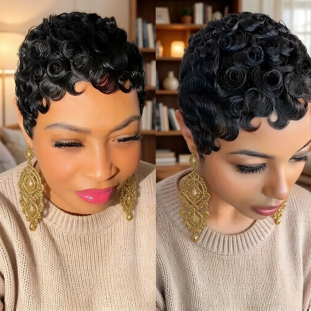 

Парик из натуральных волос с волнистыми прядями, полностью машинной работы, для женщин, короткий кудрявый парик естественного вида для повседневной носки