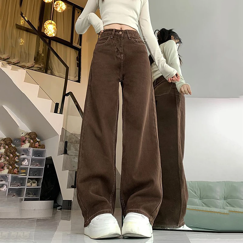 American Retro Straight Jeans Women 2026 Autumn High Waist Loose Coffee Wide Leg Pants Woman Fashion Loose Baggy Denim Trousers