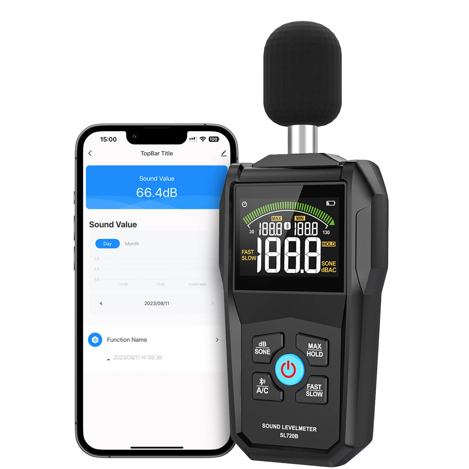 SL720B Bluetooth Sound Level Meter 30-130dB IEC61672 Class2 Noise Meter dB Tester A/C Weighting Fast/Slow LCD Display MAX Hold