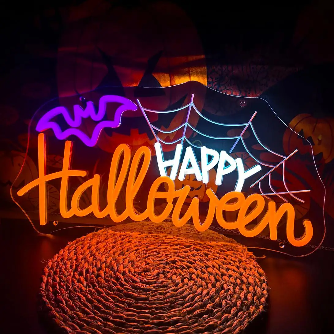 Happy Halloween Neon Sign Dimmable LED Light With Bat Spider Web Spooky Wall Decor For Home Window Bar Haunted House Party Gifts