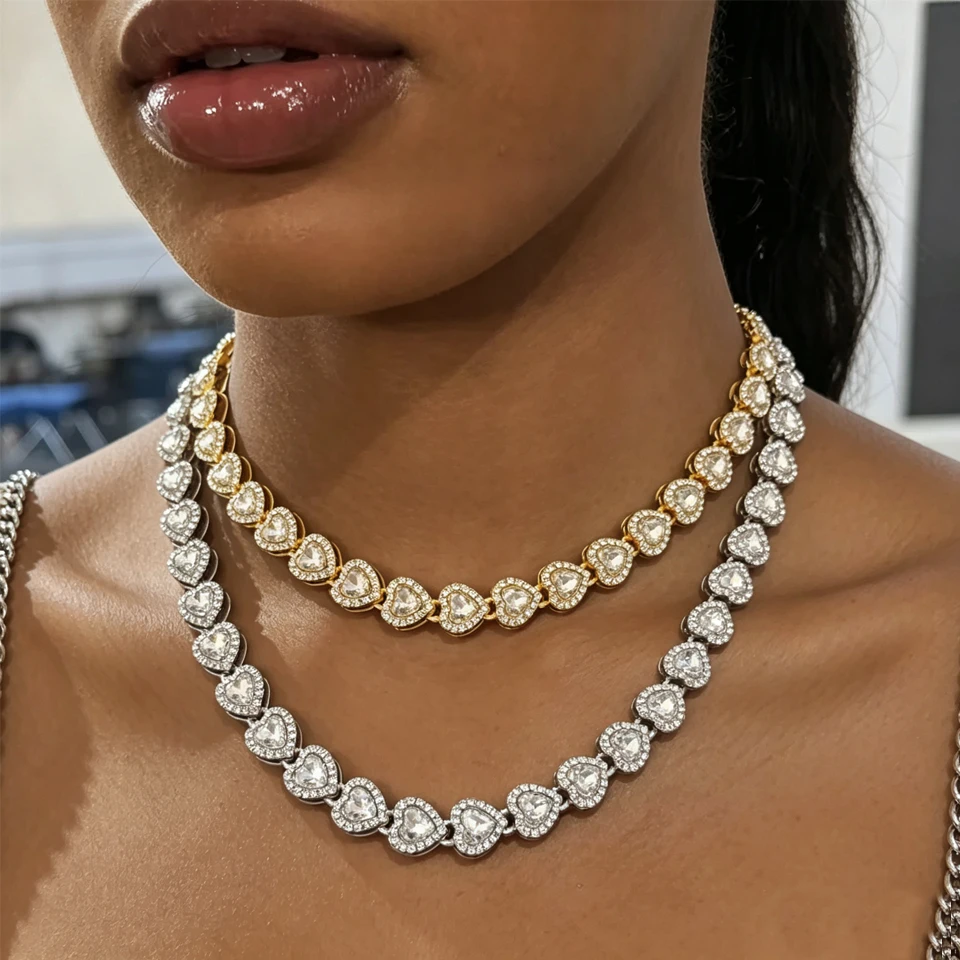 Yupsk 45CM Silber-Goldfarbene Herzförmige Strass-Kubanische Kettenhalskette Unisex Mode Hip-Hop-Rap Schmuck-Accessoires – Detail 2