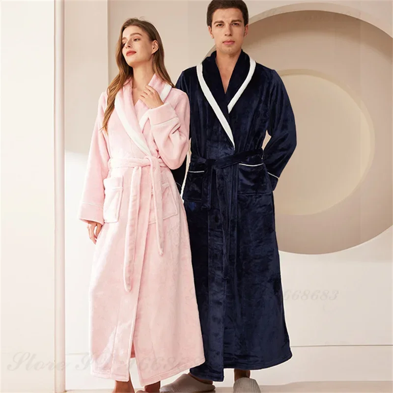 Couple Sleepwear Flannel Men Long Robe Large Size 3XL Autumn Winter Home Clothing Thicken Warm Coral Fleece Bathrobe Lounge Wear