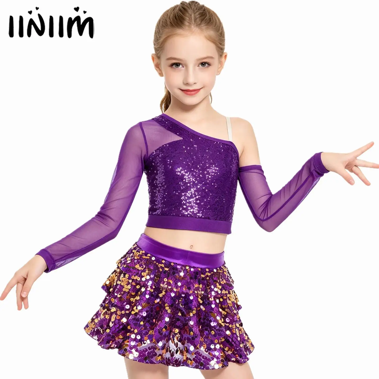 

Kids Girls Jazz Latin Dance Performance Costume Sparkly Sequins Crop Top with Tiered Ruffle Skirted Shorts Culottes Dancewear