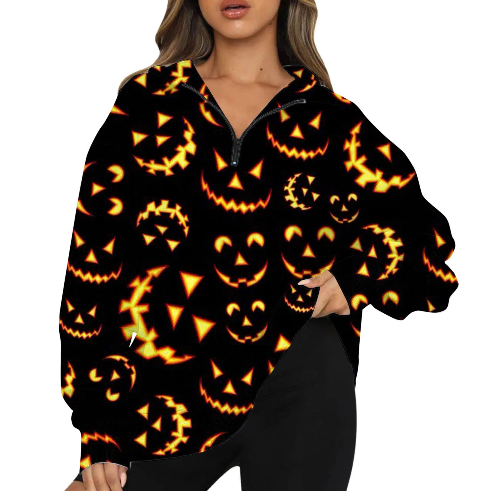 Women's Halloween Theme Element Pattern Print 2024 Spring New Versatile Zipper POLO Neck Long Sleeve Daily Top WF1