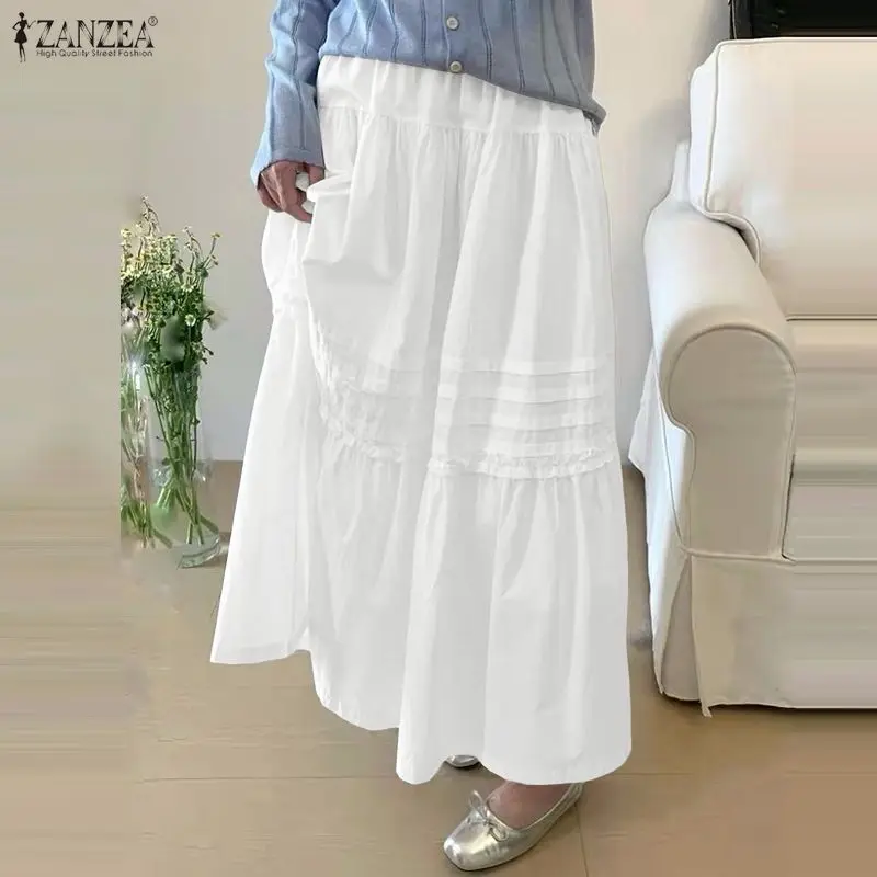 Fashion Summer Women Skirts ZANZEA Pleated Long Skirts Solid Color Vestidos Streetwear Bottoms OL Work Party Skirts Oversize