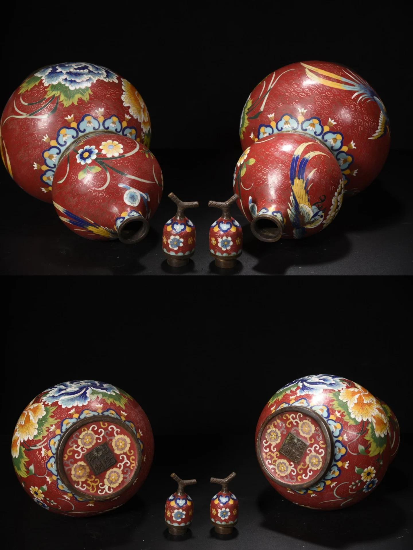 

17"Old Nepalese temples Old Bronze Cloisonne Enamel Peony Flower Calabash Town house Gourd A Pair Amass wealth Ornaments