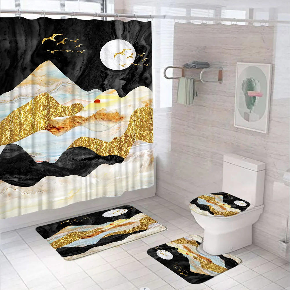 Mountain Shower Curtain Set Sunset Sunrise Nature Landscape Abstract Art Bathroom Curtain Non-Slip Bath Mat Rug Lid Toilet Cover