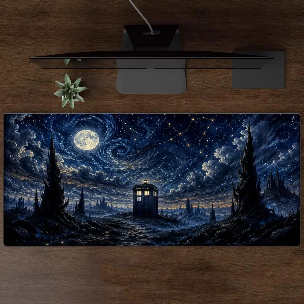 Large Fantasy Star Sky Mouse Pad Van Gogh Style Night View Tardis Box Castle Landscape Nonslip Desk Mat for PC Laptop Gaming