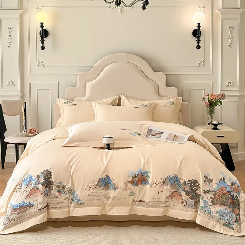 High-grade New Chinese Class A Pure Cotton Four-piece Set Embroidery Quilt Cover Bed Sheets  King Queen Bedding Set