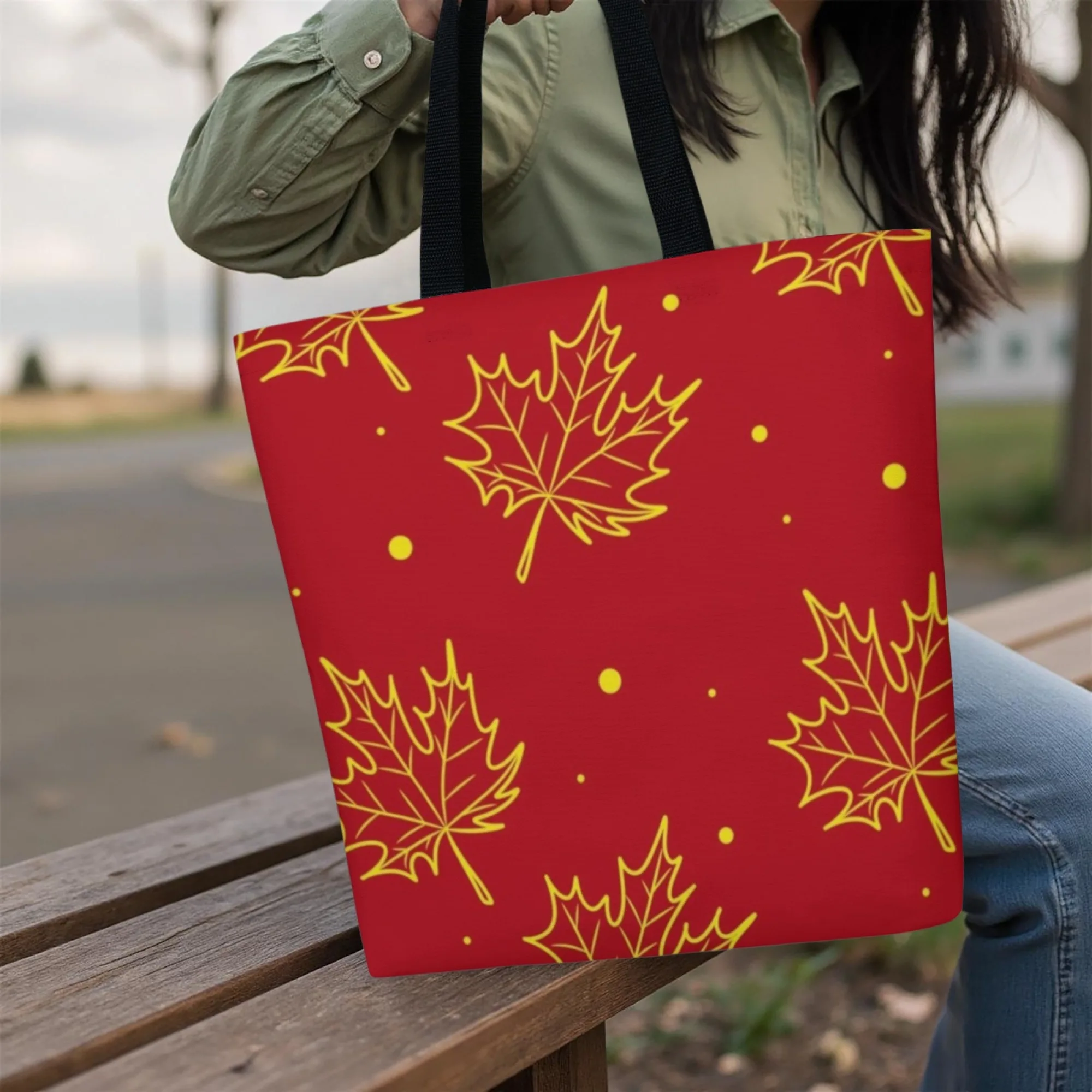 المرأة الحد الأدنى الخريف القيقب قماش حمل حقيبة الأحمر الذهبي ورقة حقيبة كتف قابلة لإعادة الاستخدام حقيبة تسوق نمط الشارع حقيبة يد دائمة