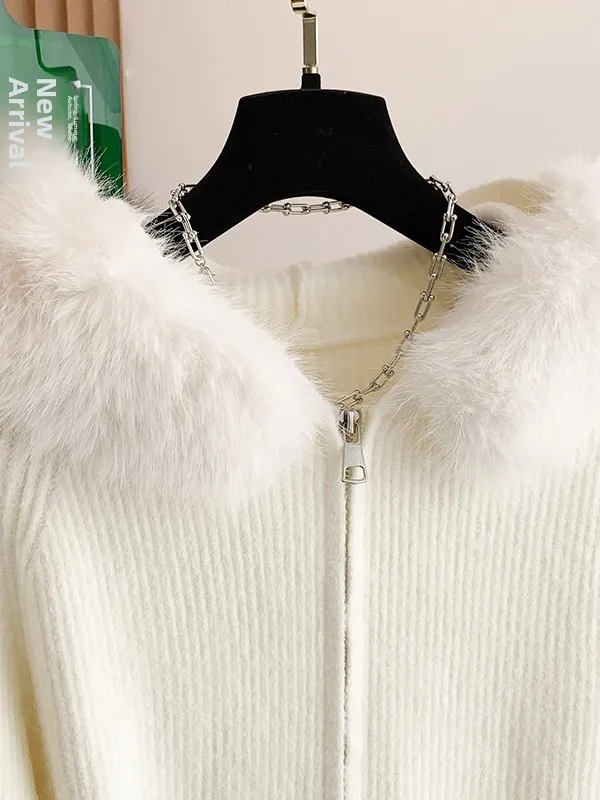 Loose Women's Knitted Sweater Coat with Double Zipper And Fur Collar Korean Sle Simple White Open Cardigan Outerwear