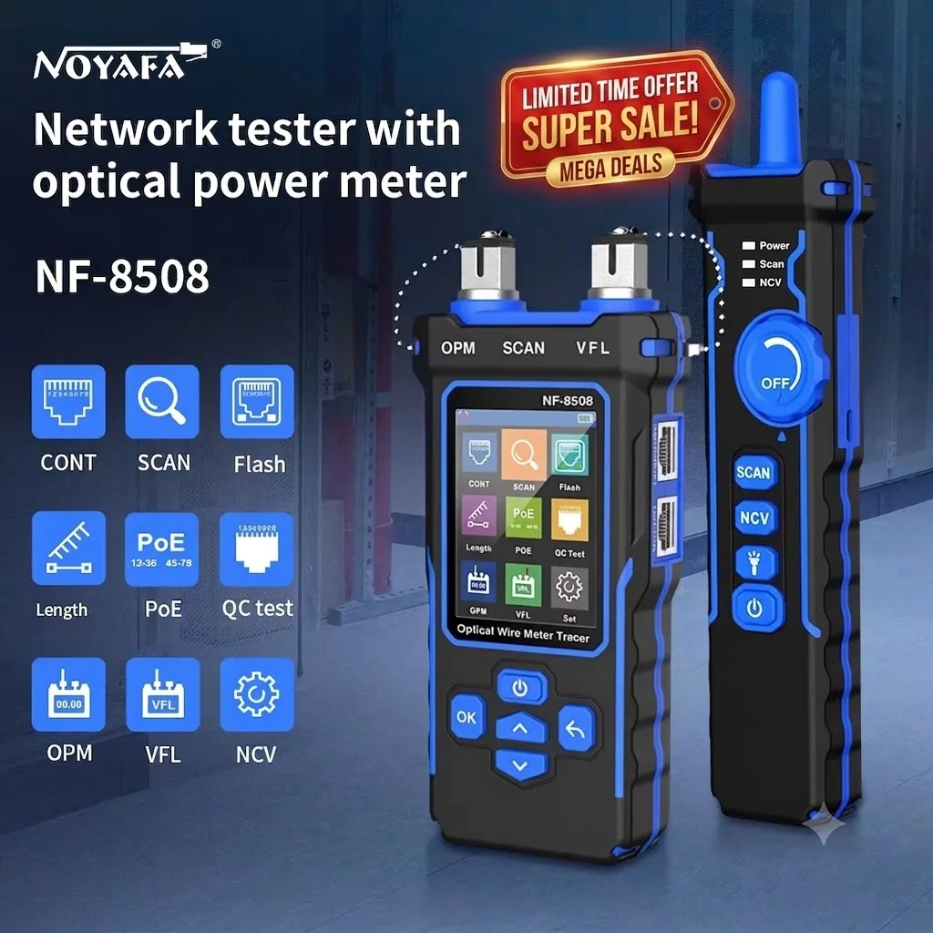 Testador de Cabos de Rede Noyafa NF-8508 OPM VFL PoE Display LCD Digital Testador de Mapeamento de Cabos Medidor de Comprimento de Cabo Localizador de Linha RJ45
