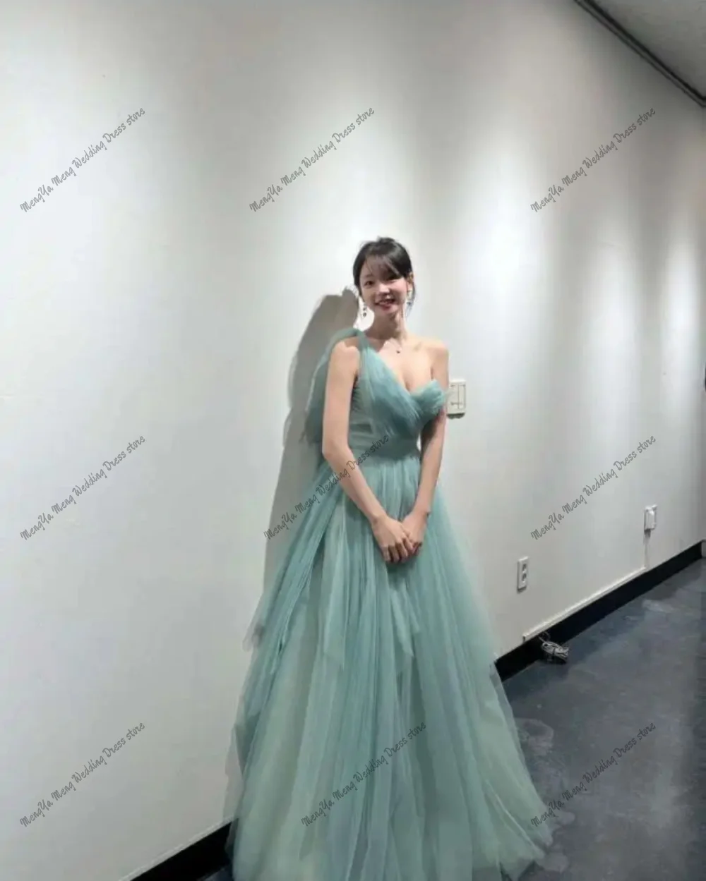 Fairy Tulle Dusty Green Evening Dresses Korean Lady Wedding Photos shoot Party Dress One Shoulder Long Prom Gowns Custom Made