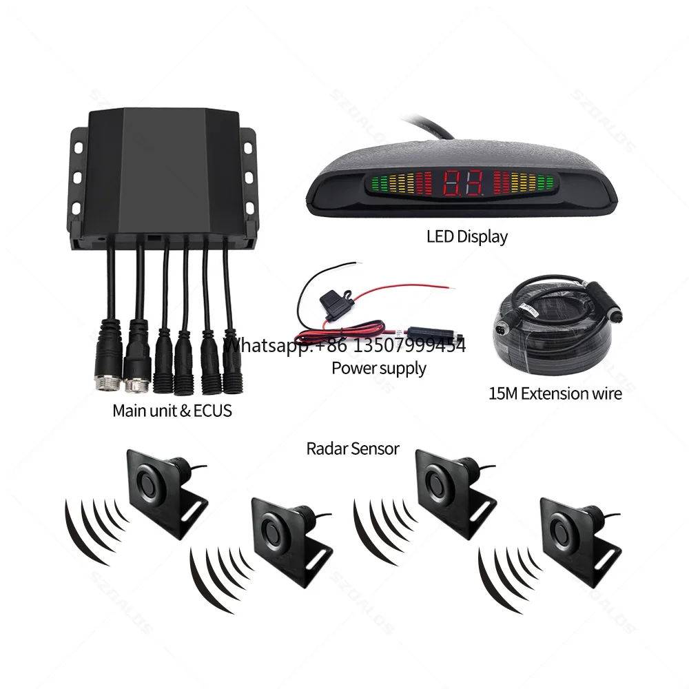 Truck Parking Sensor System 4 Pcs Radar Blind Spot Alarm Reversing LED Backlight Display Rear View 24V Parking Sensor for Truck