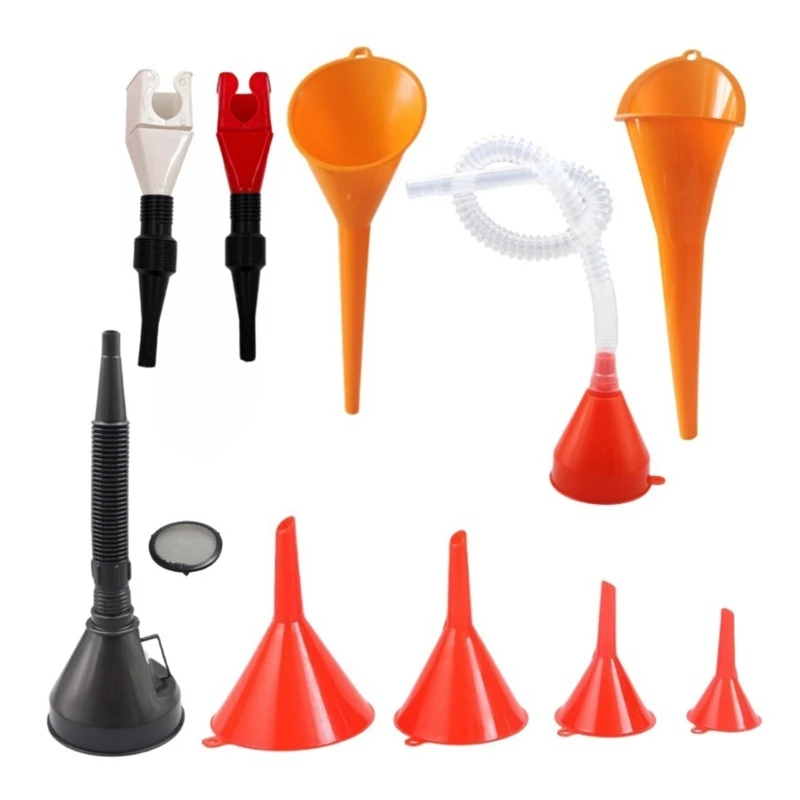 Garage Oil Change Pouring Set with Plastic Pouring Gear, Narrow Outlet Tubes, Filter Insert and Hose Extension for Tight Fill