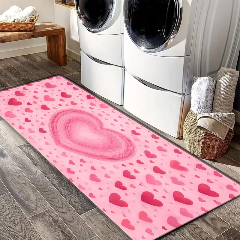 Pink Gradient Heart Print Long Runner Rug Anti Slip Floor Mat Sweet Girl Style Laundry Hallway Entrance Corridor Carpet