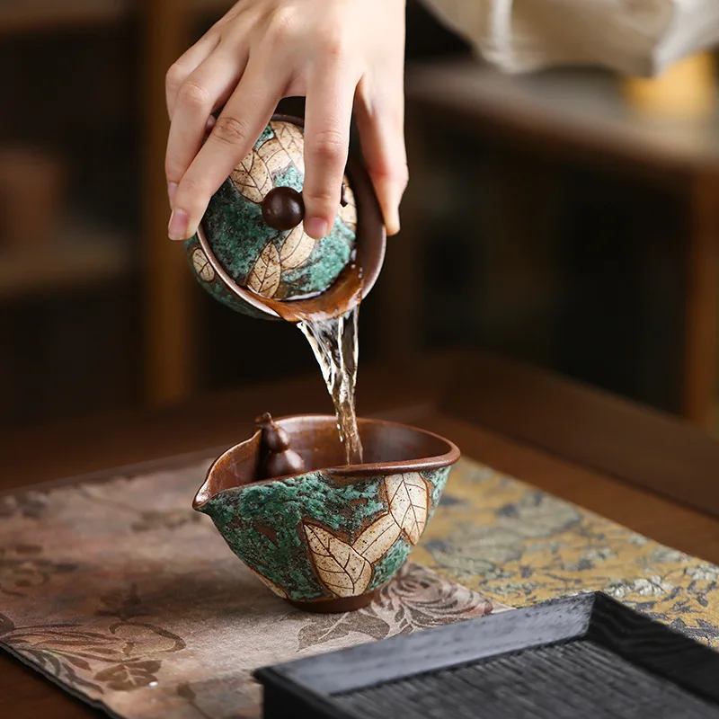 Turquoise Carved Rough Clay Fair Cup Retro Wood Fired Heat Resistant Household Kung Fu Tea Divider Decor Gift